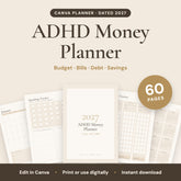 ADHD Money Planner, 60 pages, editable in Canva: cover and sample pages