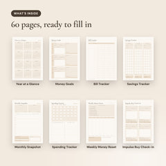 What's inside the ADHD Money Planner: Year at a Glance, Money Goals, Bill Tracker, Savings Tracker, Monthly Snapshot, Spending Tracker, Weekly Money Reset, Impulse Buy Check-in
