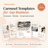 Carousel Templates for Any Business: 30 done-for-you carousels, 205 fill-in slides and a Prompt Guide, shown as cream and terracotta carousel covers, editable in Canva
