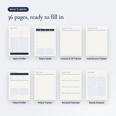 What's inside the Insurance Agent Business Planner: Agent Profile, Yearly Goals, License & CE Tracker, Lead Source Tracker, Client Profile, Policy Tracker, Renewal Calendar, Needs Analysis