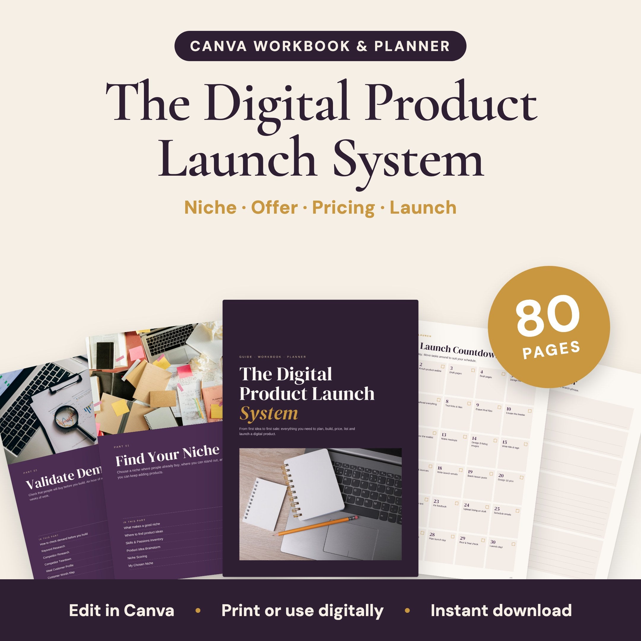 The Digital Product Launch System, 80 pages, editable in Canva: cover and sample pages
