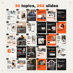 The covers of all 30 marketing agency carousels in a numbered grid: 30 topics, 262 slides