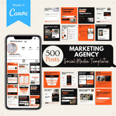 Marketing agency social media templates for Canva: 500 posts shown in an Instagram profile on a phone