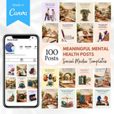 100 Meaningful Mental Health Posts, editable Canva social media templates shown in an Instagram feed