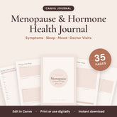 Menopause & Hormone Health Journal, 35 pages, editable in Canva: cover and sample pages