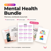 Mental Health Bundle 2027 Edition: 13 editable Canva planners and journals, 561 planner pages, 615 journal prompts, with 2027 calendars