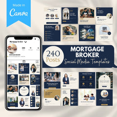 Mortgage broker social media templates for Canva: 240 editable posts shown on a phone and in grids, navy, ivory and gold