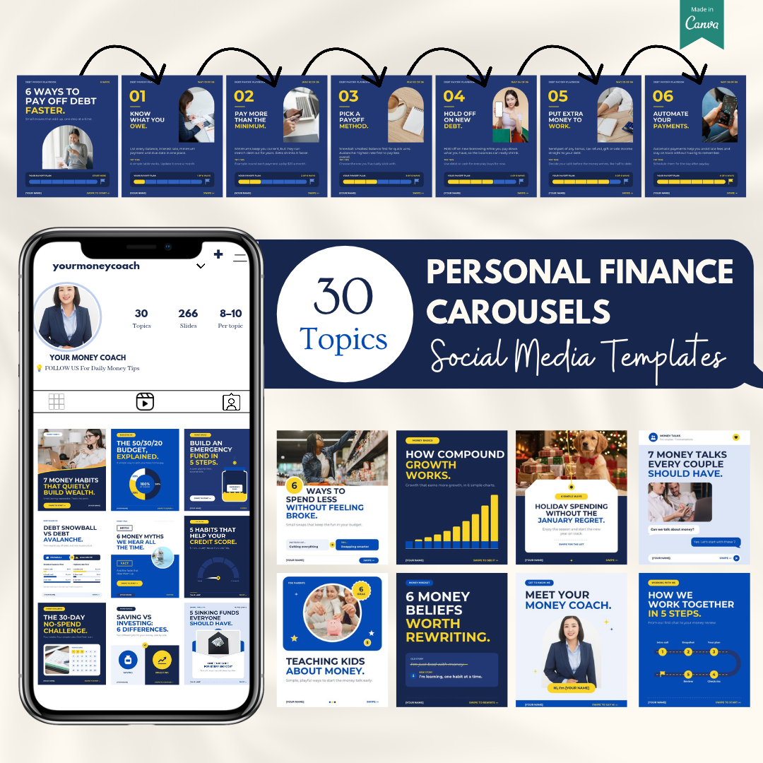 Personal Finance Carousels Bundle: 30 topics of editable Canva carousel templates, shown in a phone feed and a cover grid