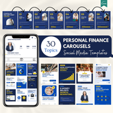 Personal Finance Carousels Bundle: 30 topics of editable Canva carousel templates, shown in a phone feed and a cover grid