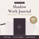 Shadow Work Journal, 50 pages, editable in Canva: cover and sample pages