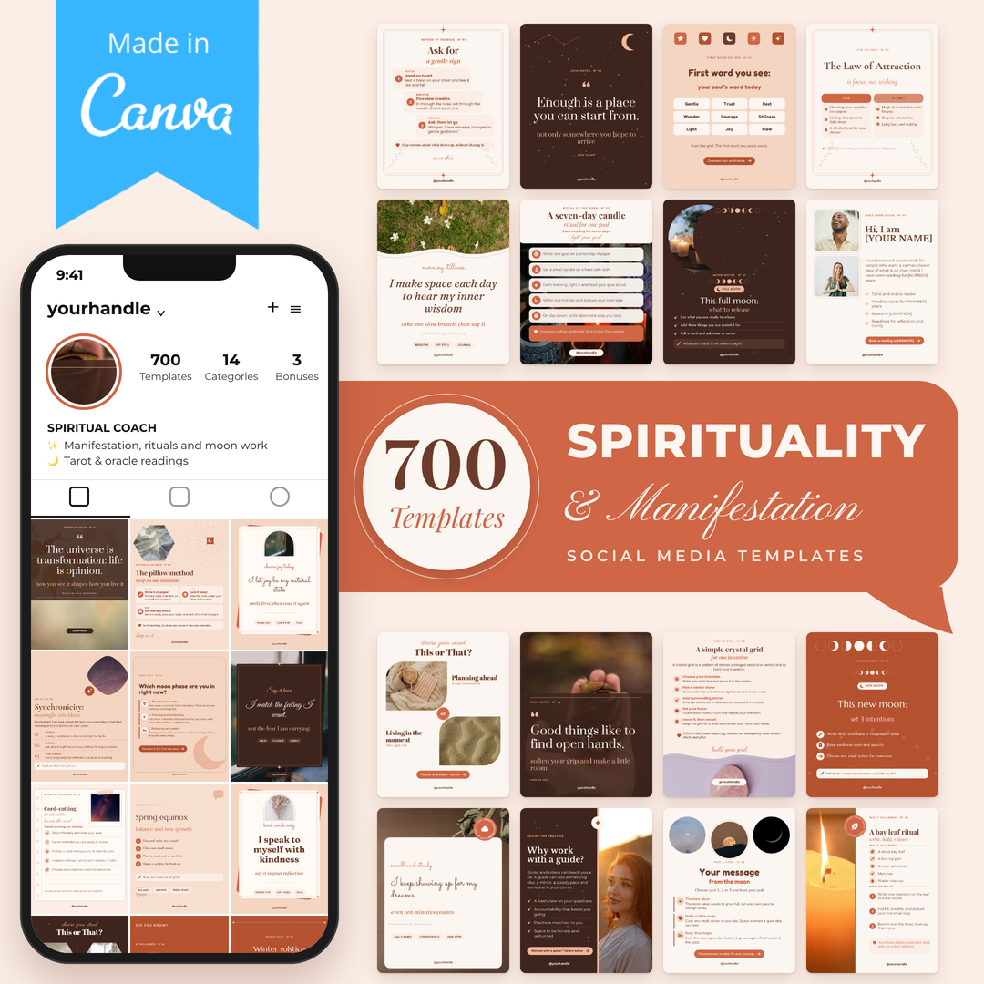 Spirituality & Manifestation Social Media Templates: 700 editable Canva templates plus 3 bonuses