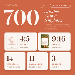 What is inside: 700 templates, 14 categories, 11 Canva files and 3 bonuses