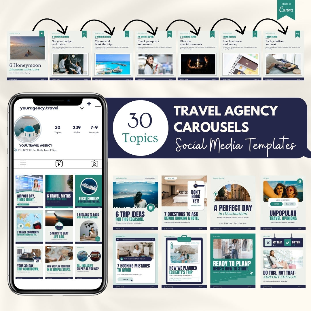 Travel Agency Carousels bundle: 30 topics in a phone mockup with a honeymoon carousel swipe strip