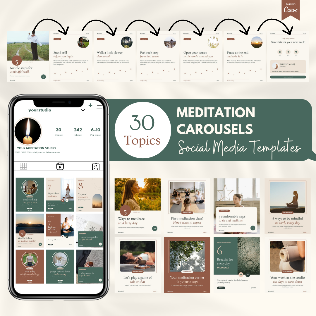 Meditation Carousels Bundle: 30 topics of editable Canva carousel templates