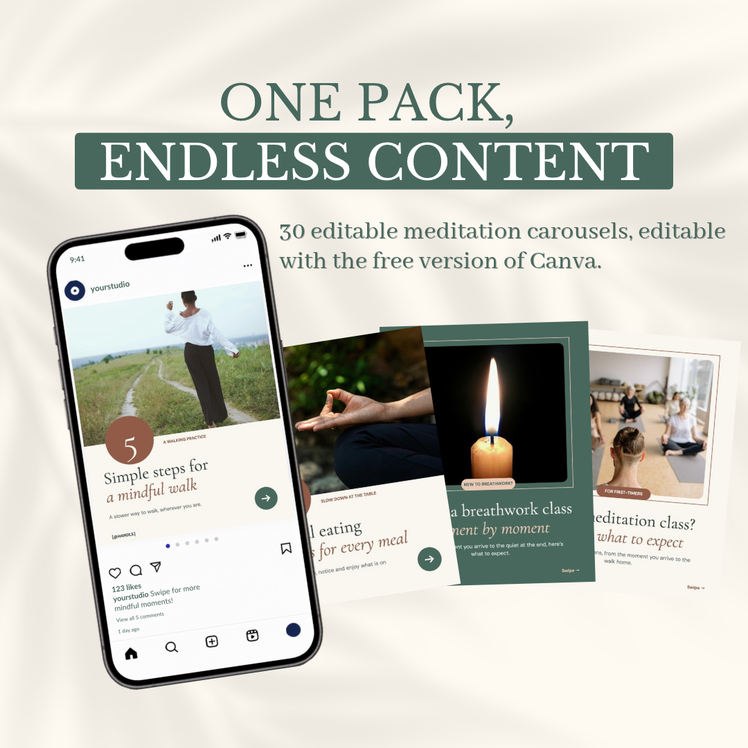 One pack, endless content: 30 editable meditation carousels