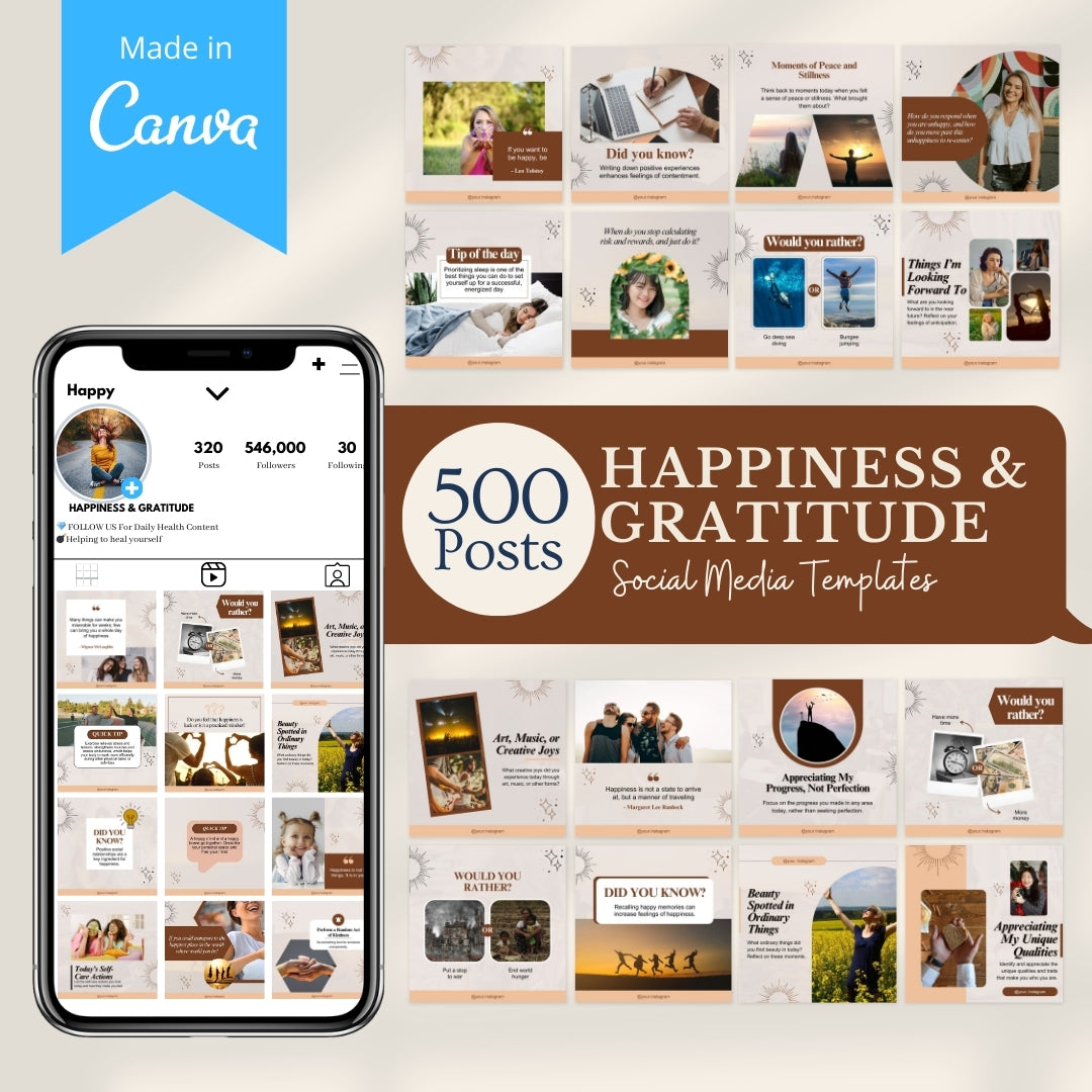 500 Happiness & Gratitude Posts - Social Media Templates