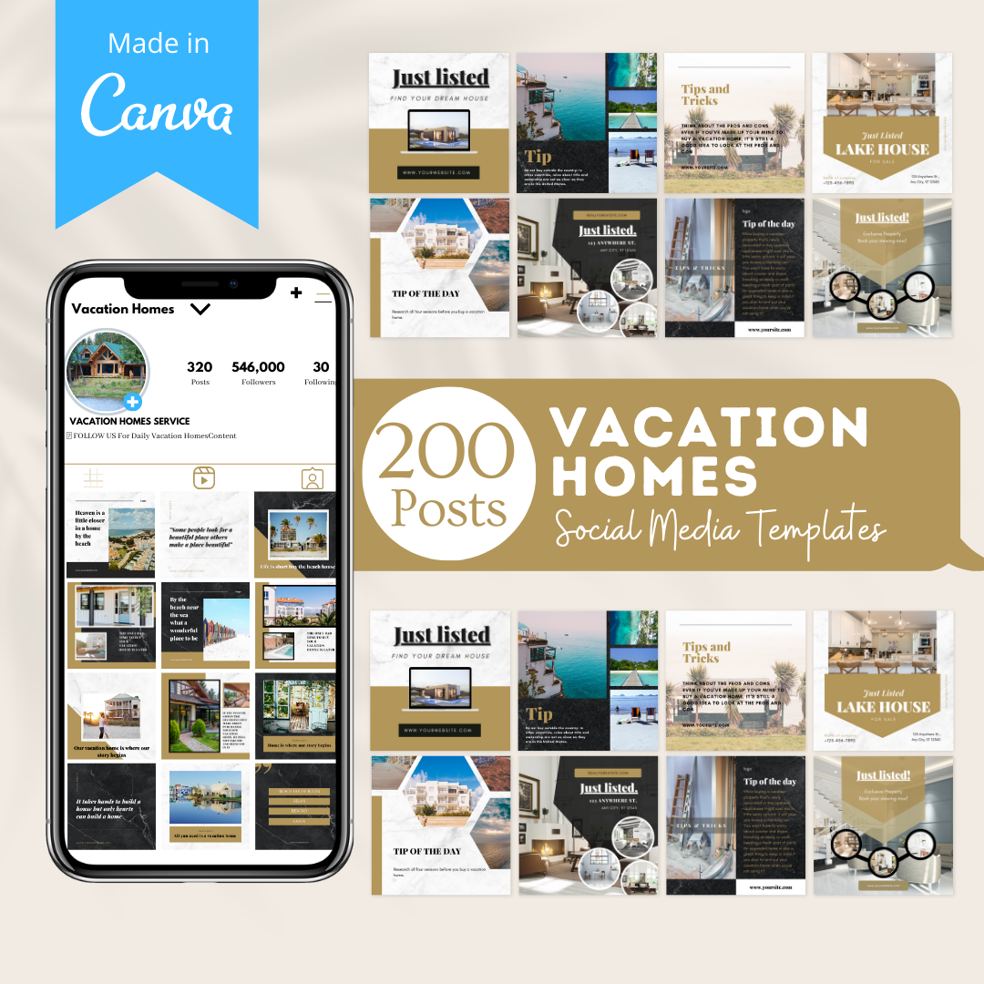 200 Vacation Homes Posts  - Social Media Templates