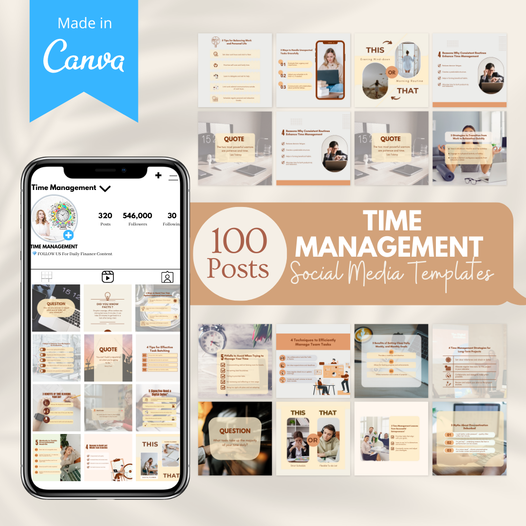 100 Time Management Posts- Social Media Templates