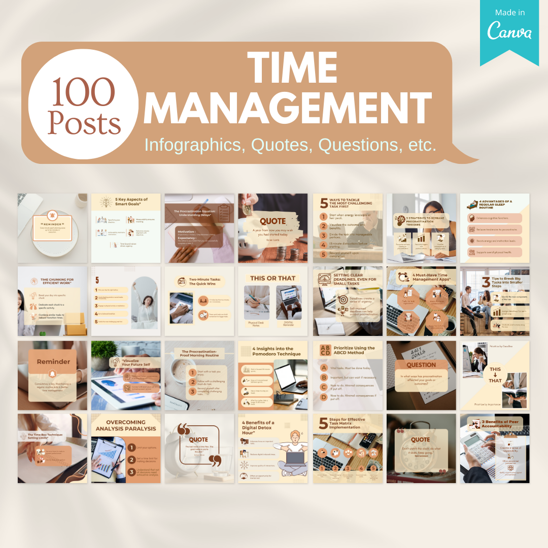 100 Time Management Posts- Social Media Templates