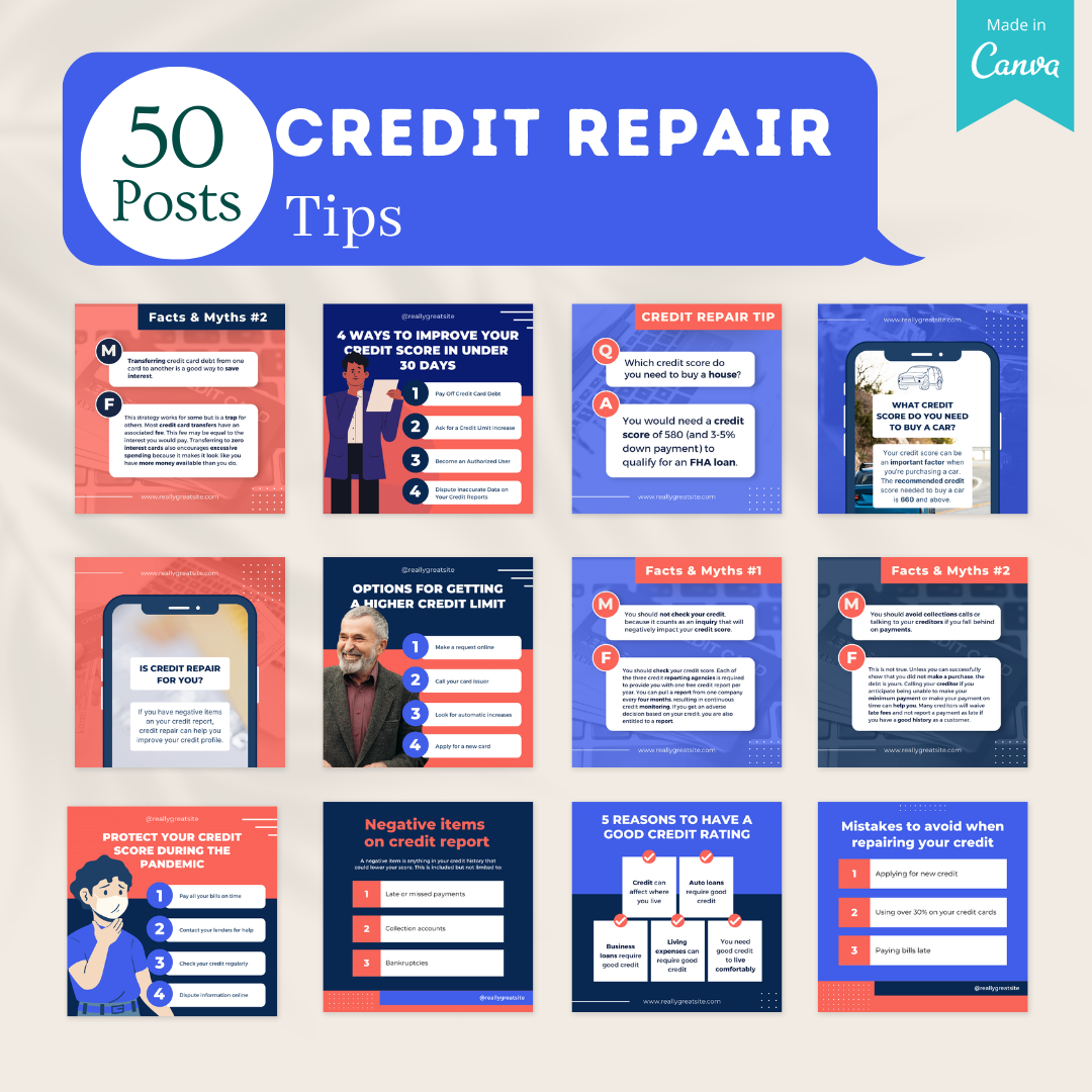 200 Credit Repair Posts - Social Media Canva Templates