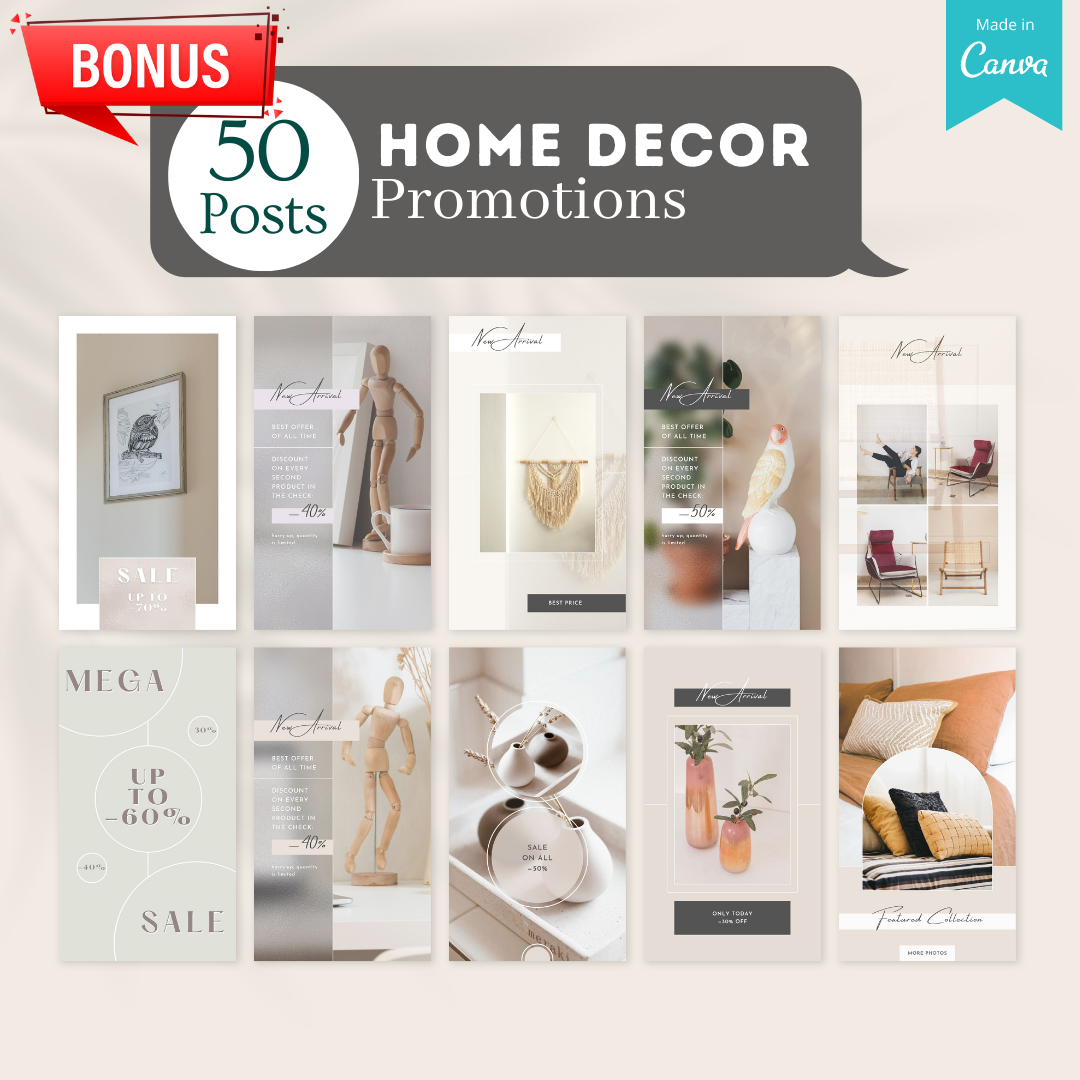 300 Home Decor Posts -  Social Media Canva Templates