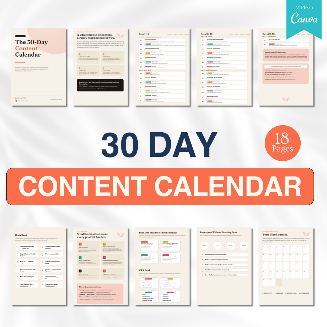 30 Day Content Calendar - 18 Pages