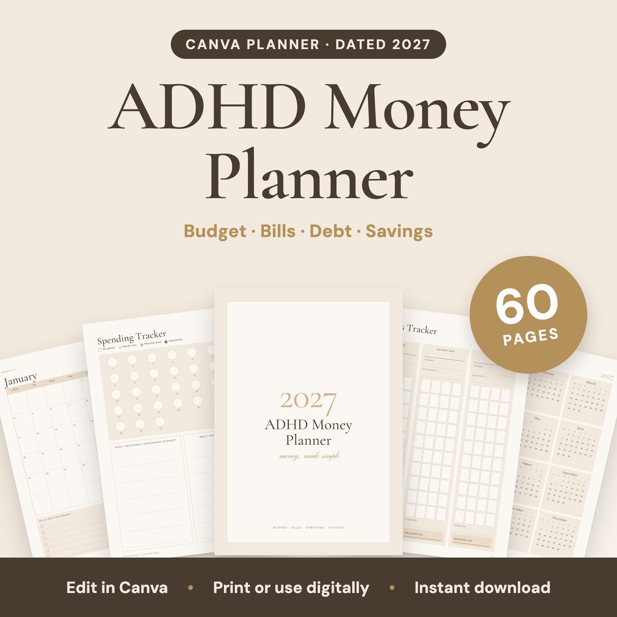 ADHD Money Planner, 60 pages, editable in Canva: cover and sample pages
