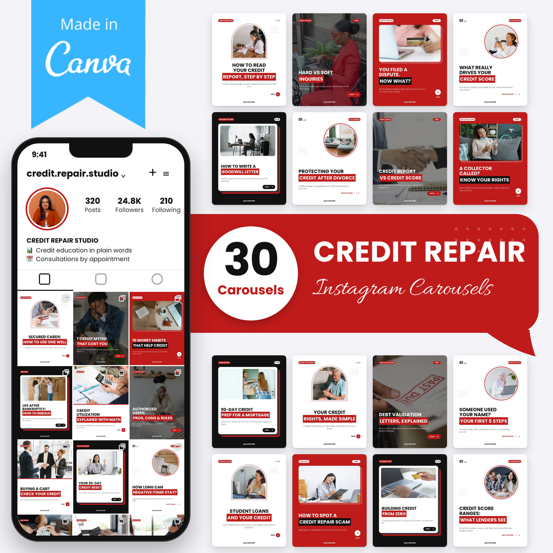 30 Credit Repair Instagram Carousels, editable in Canva