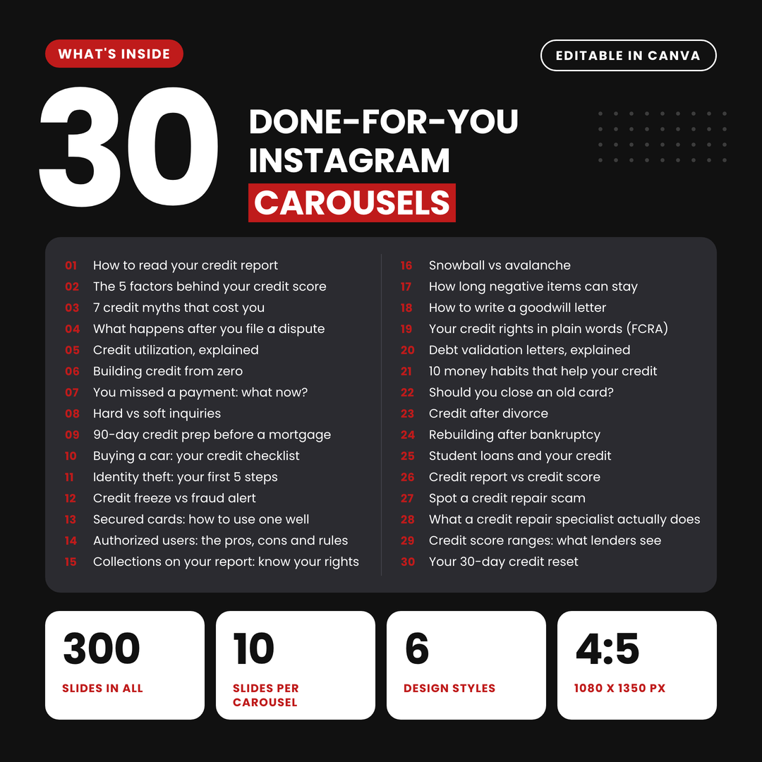 What's inside: 30 done-for-you carousels, 300 slides and 6 design styles