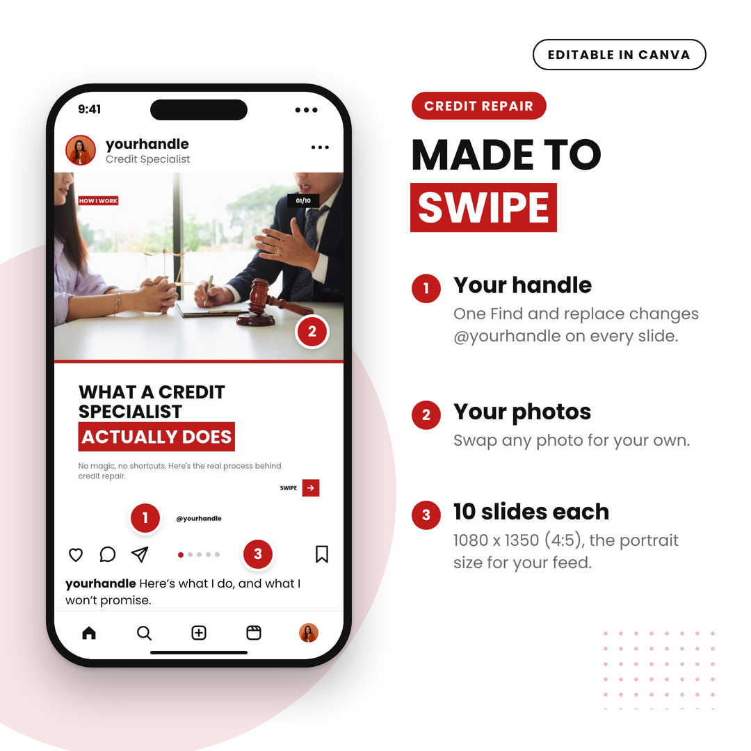 A carousel on a phone: change your handle, swap photos, post 10 slides