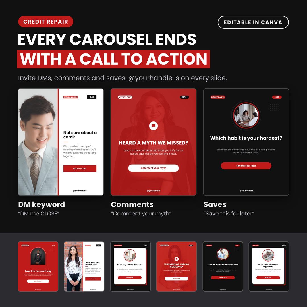 Call-to-action slides that invite DMs, comments and saves