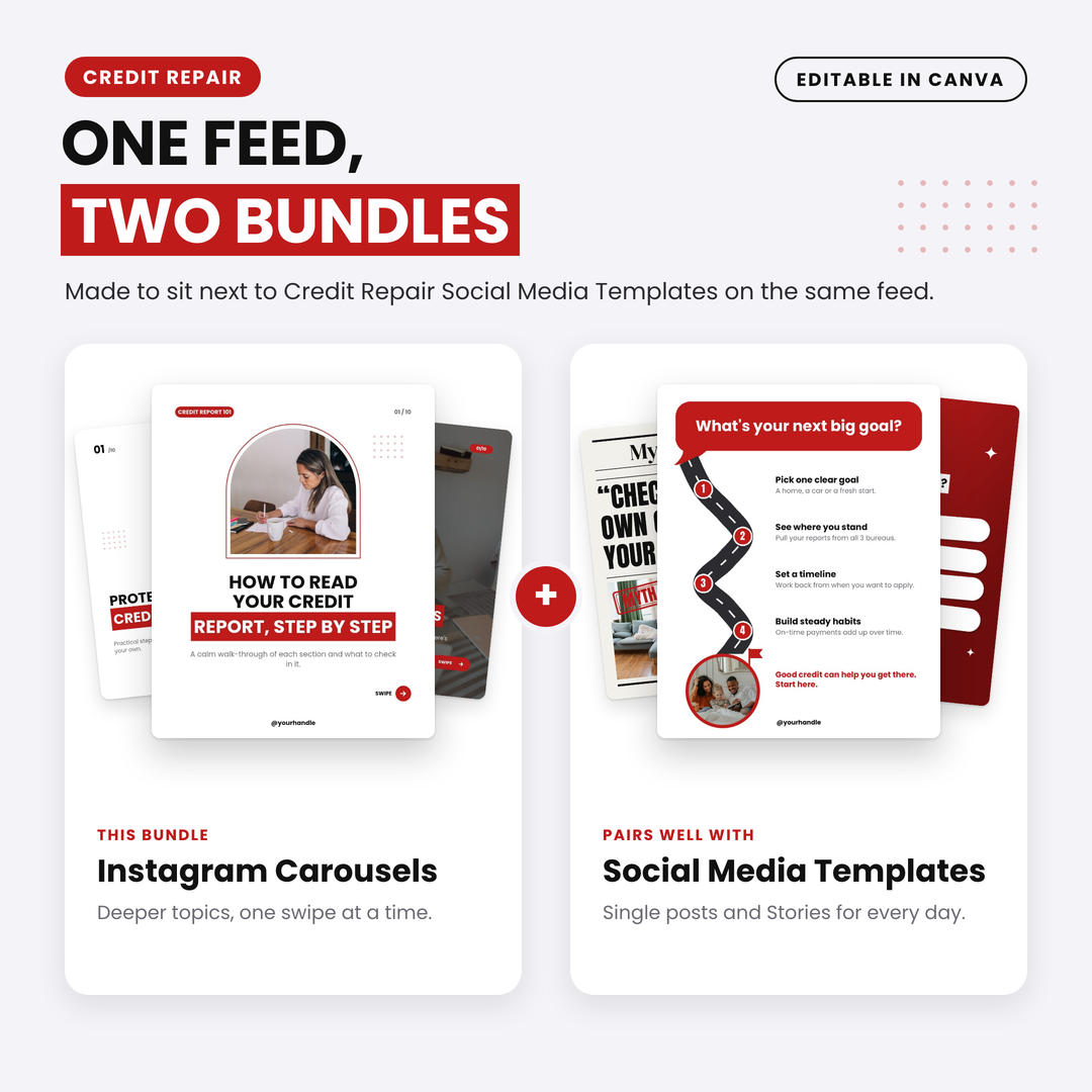The carousels next to posts and a Story from Credit Repair Social Media Templates