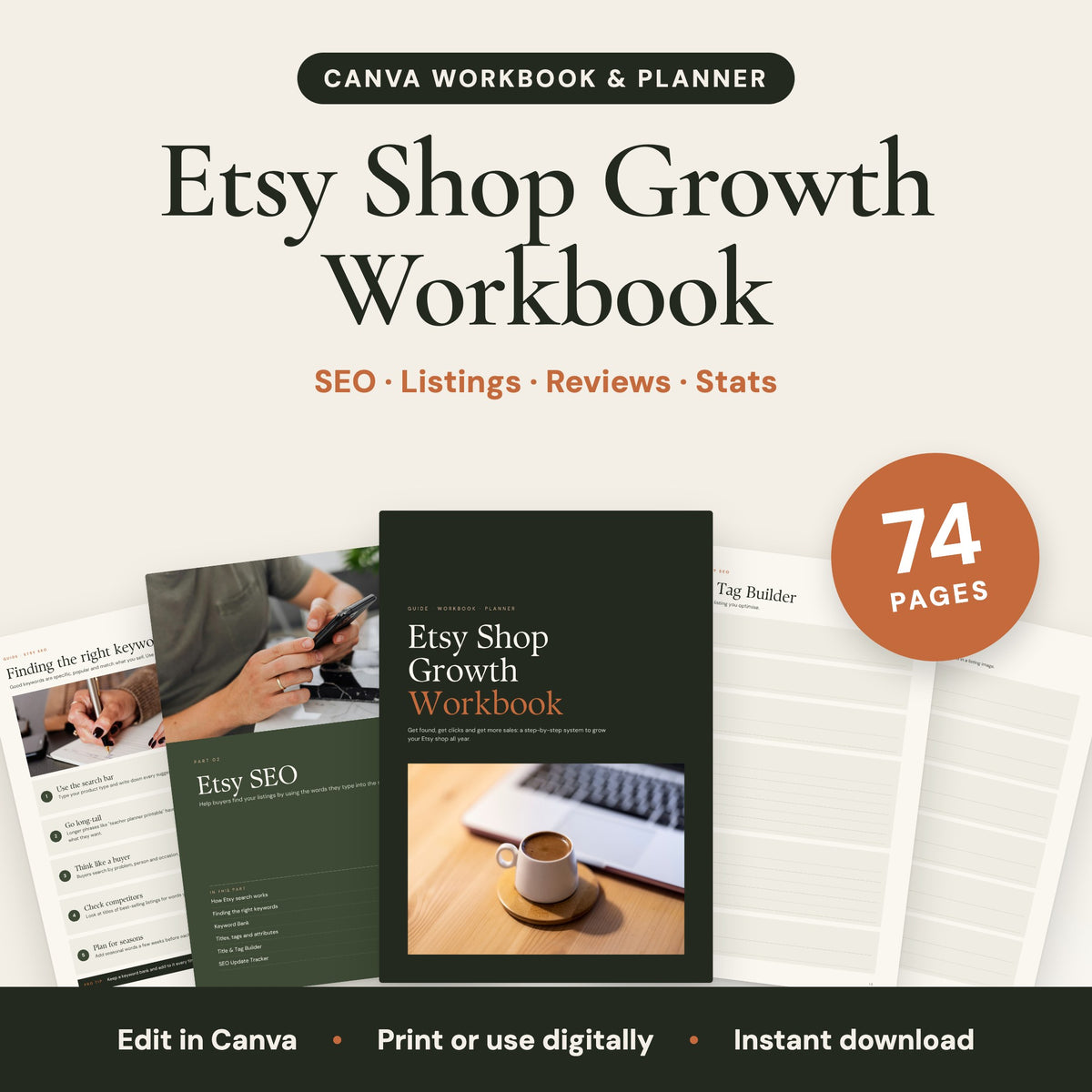 Etsy Shop Growth Workbook, 74 pages, editable in Canva: cover and sample pages