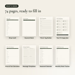 What's inside the Etsy Shop Growth Workbook: Shop Audit, Keyword Bank, Title & Tag Builder, Your 9-image plan, Price & Fee Calculator, Message Templates, Seasonal Calendar, Monthly Stats Tracker