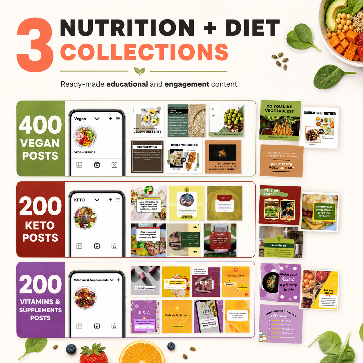 Nutrition and diet collections covering vegan, keto and supplements
