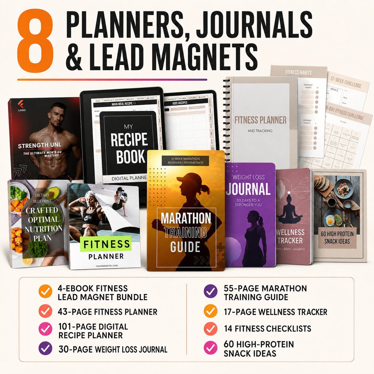 Eight planners, journals and lead magnets included in the bundle
