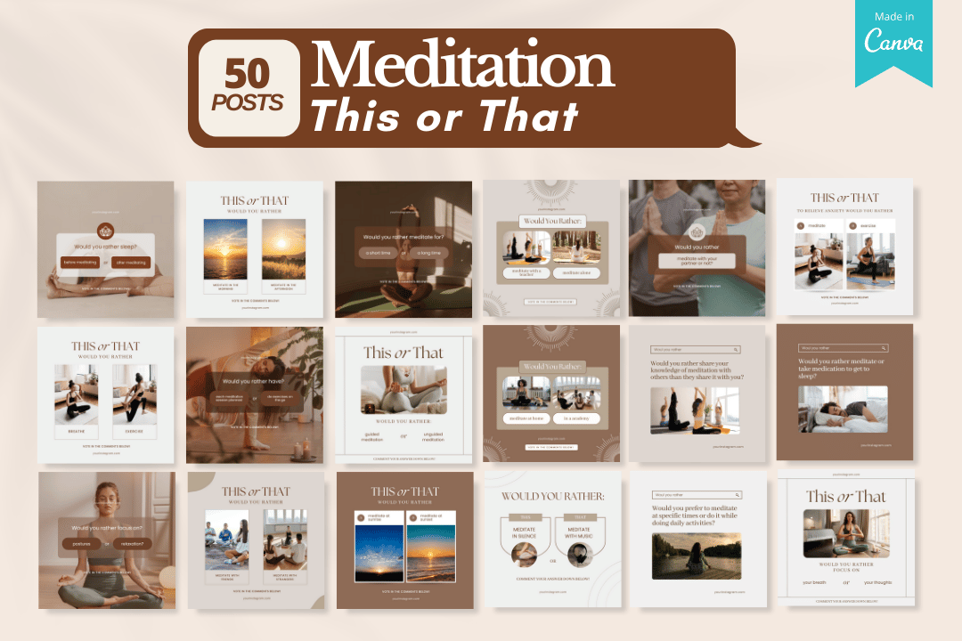Unlock 700+ Meditation Canva Templates designed for wellness professionals! Perfect for meditation instructors, mindfulness coaches, and yoga teachers, these customizable templates save time and boost engagement with calming visuals, tips, quotes, and more. Elevate your online presence today!