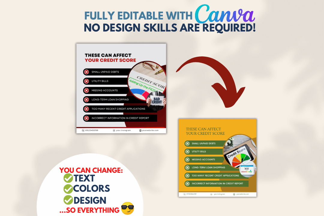 Financial tip Canva template for credit repair, perfect for social media content creation.