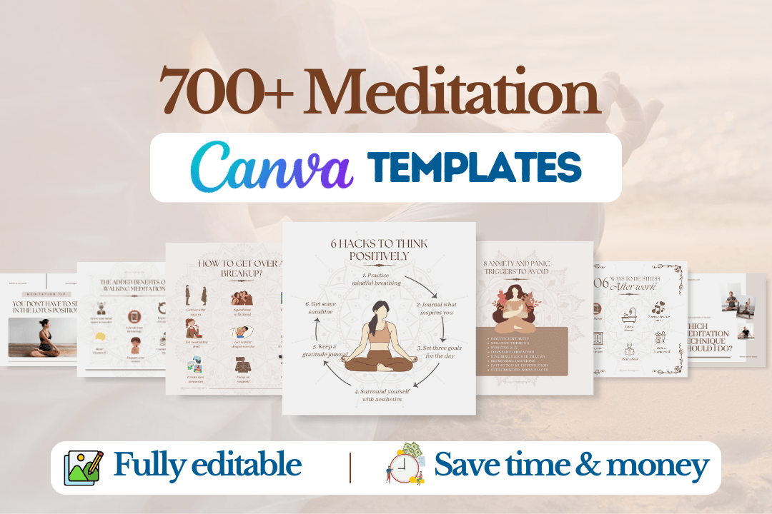 Download 700+ beautiful meditation Canva templates to create calming, engaging content. Perfect for instructors, wellness brands, and influencers.