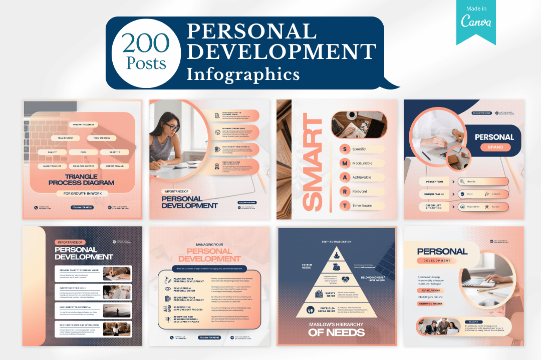 Infographic templates focused on personal growth and development, customizable in Canva.