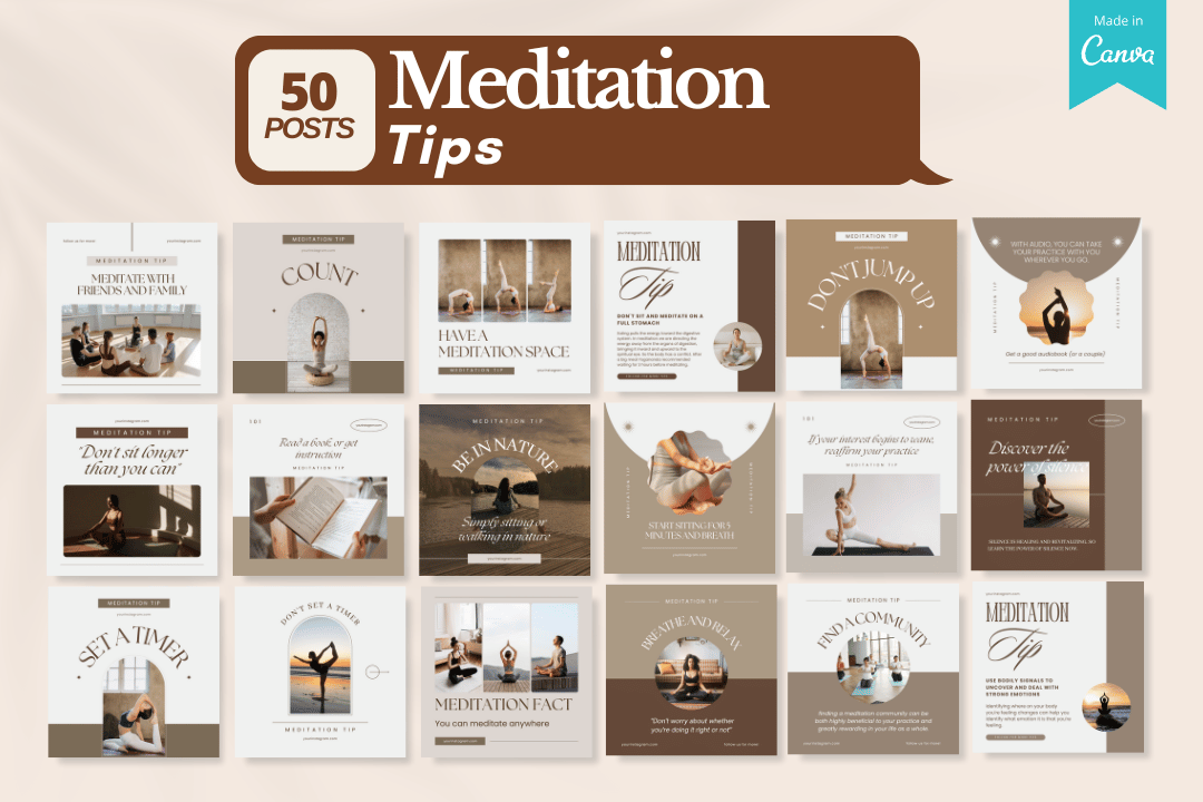 Unlock 700+ Meditation Canva Templates designed for wellness professionals! Perfect for meditation instructors, mindfulness coaches, and yoga teachers, these customizable templates save time and boost engagement with calming visuals, tips, quotes, and more. Elevate your online presence today!