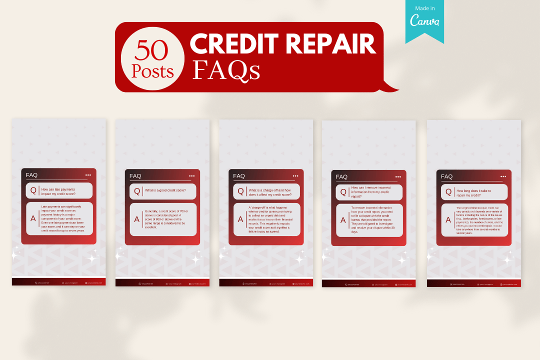 Answer common questions and build trust with 50 ready-made FAQ templates, designed to simplify credit repair for your audience.