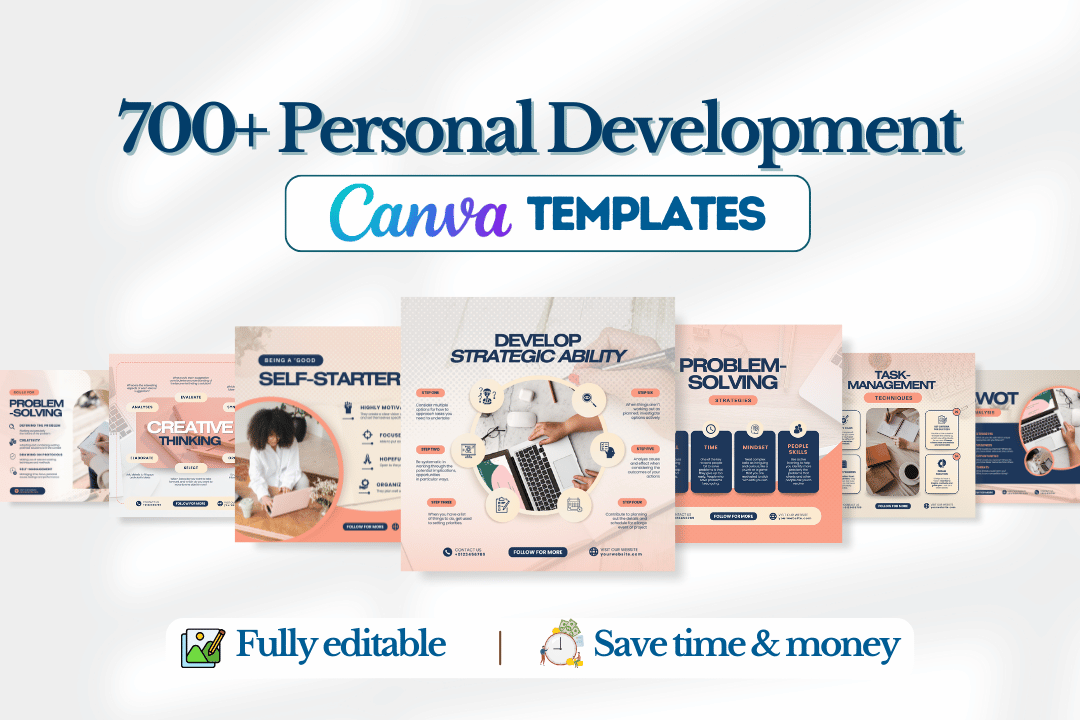 Preview of 700+ Personal Development Canva templates for social media, including quotes, tips, and engaging visuals for growth.