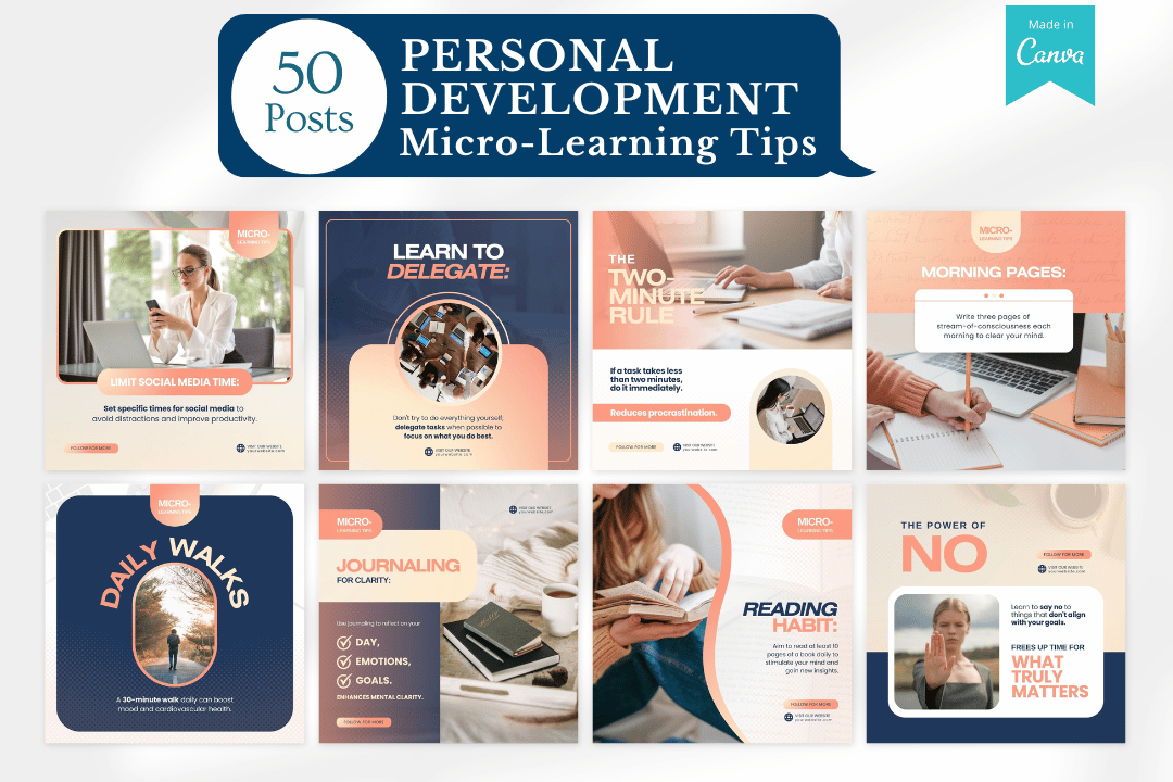 Micro-learning tip templates for personal development, ready-to-use on social media.