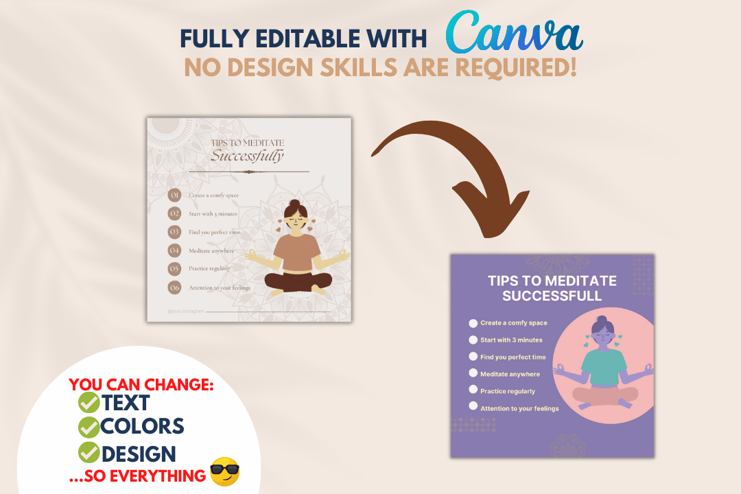 Download 700+ beautiful meditation Canva templates to create calming, engaging content. Perfect for instructors, wellness brands, and influencers.