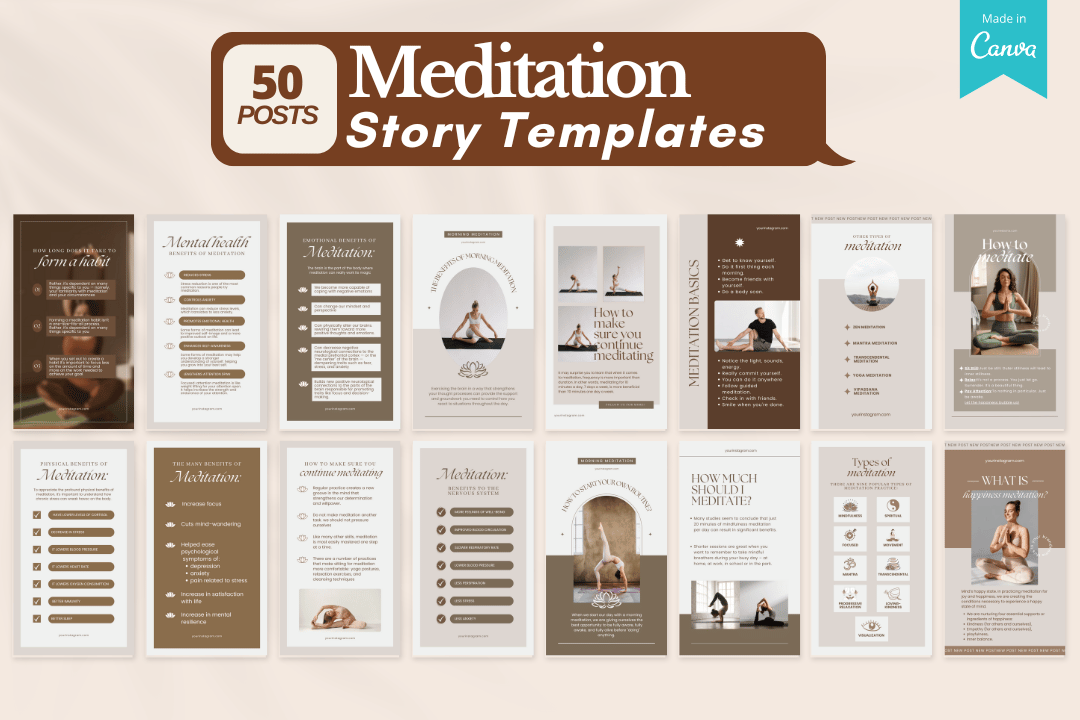 Unlock 700+ Meditation Canva Templates designed for wellness professionals! Perfect for meditation instructors, mindfulness coaches, and yoga teachers, these customizable templates save time and boost engagement with calming visuals, tips, quotes, and more. Elevate your online presence today!