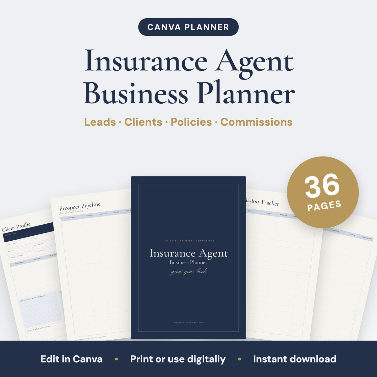 Insurance Agent Business Planner, 36 pages, editable in Canva: cover and sample pages