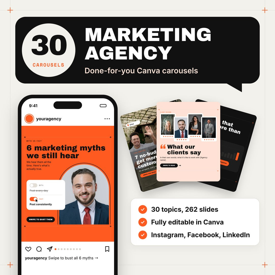 Marketing Agency Carousels Bundle: 30 done-for-you Canva carousels, with a carousel cover on a phone and three more covers