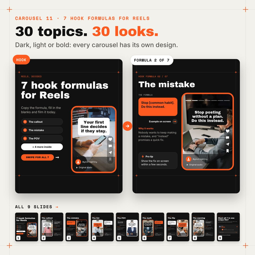 30 topics, 30 looks: the dark 7 Hook Formulas for Reels carousel with all 9 slides