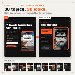 30 topics, 30 looks: the dark 7 Hook Formulas for Reels carousel with all 9 slides